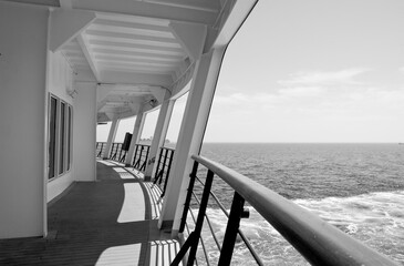 Ocean views from open deck of luxury Cunard oceanliner or cruiseship or cruise ship liner at sea...
