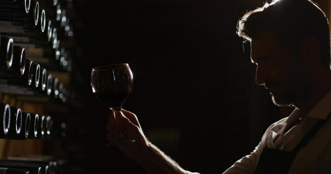 Silhouette of successful male winemaker or sommelier is tasting a flavor and checking quality of a red wine poured in transparent glass  in a wine cellar.
