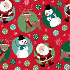 Christmas seamless pattern with happy reindeer, Santa Claus, snowman for greeting cards, fabric, wrapping papers. Vector illustration. Perfect for holidays. Separate elements.