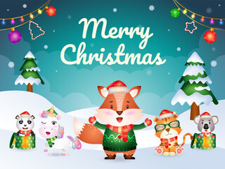 Obraz na płótnie Canvas Merry christmas greeting card with cute animals character : fox, tiger, unicorn, koala and panda