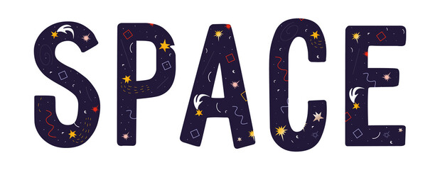 Space lettering with the image of the starry sky. Vector space lettering with stars, meteorites and geometric shapes on white background. Starry sky and abstraction on the theme of cosmonautics.
