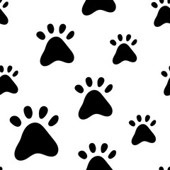 Paw prints a seamless pattern. Monochrome design for Wallpaper, fabric and other surfaces. Vector illustration.