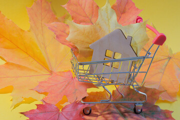 a small wooden house in a shopping cart against a background of autumn yellow-red maple leaves....