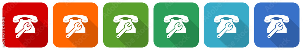 Poster phone service, repair icon set, flat design vector illustration in 6 colors options for webdesign an
