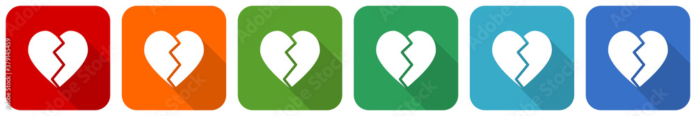 Poster broken heart icon set, flat design vector illustration in 6 colors options for webdesign and mobile 