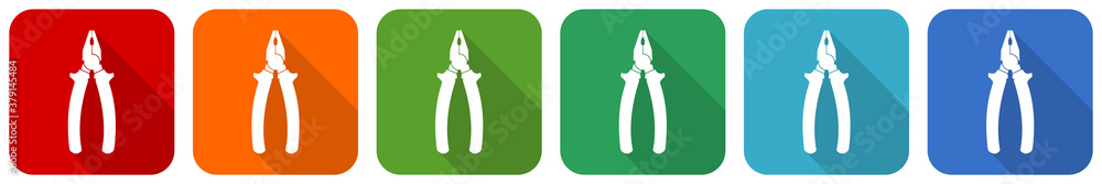 Poster pliers tool, equipment icon set, flat design vector illustration in 6 colors options for webdesign a