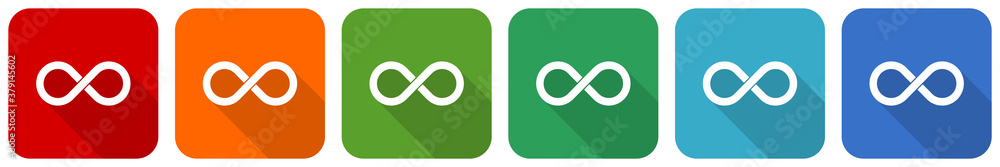 Poster infinity, eternity, infinite, endless, loop icon set, flat design vector illustration in 6 colors op
