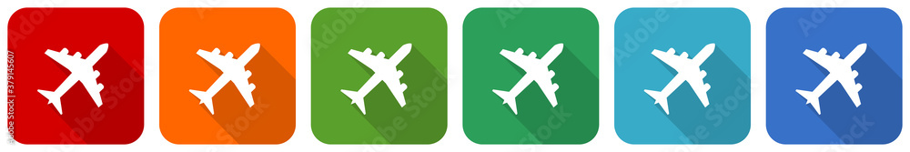 Aufkleber flight, plane, aircraf icon set, flat design vector illustration in 6 colors options for webdesign a