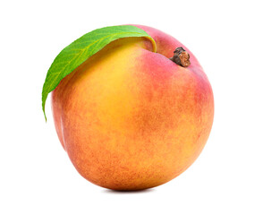 Fresh peach isolated. Organic nectarine or peach with green leaf on white background. Cut out with clipping path