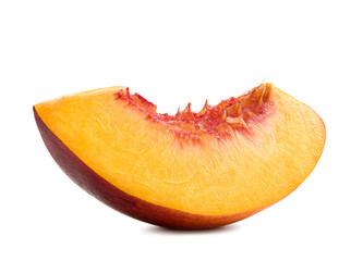 Fresh peach isolated. Organic nectarine or peach slice on white background. Cut out with clipping path