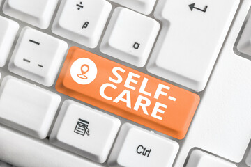 Text sign showing Self Care. Business photo showcasing the practice of taking action to improve one...
