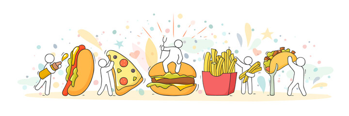 Cartoon set with little people and Fast food