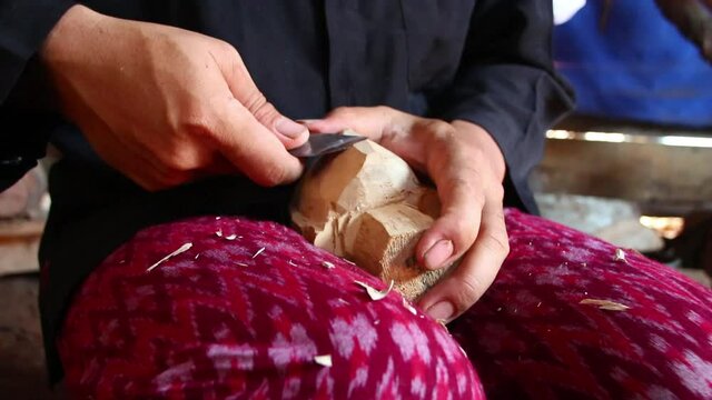 the process of making traditional wooden puppet shows from wood, with a focused selection. Photographed in low light and noise video