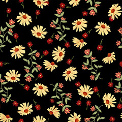 Yellow sunflower pattern. Hand drawn red, orange flowers, daisy with leaves. Perfect for autumn, fall, textile, fabric, decor. Seamless repeat tile swatch.
