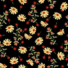 Fototapeta premium Yellow sunflower pattern. Hand drawn red, orange flowers, daisy with leaves. Perfect for autumn, fall, textile, fabric, decor. Seamless repeat tile swatch.