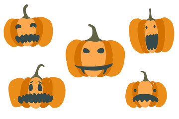 Set of cute cartoon orange vector jack-o-lanterns. Collection of scary Halloween pumpkins for greeting cards design, stickers, banners decor