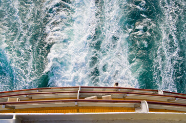 Panoramic ocean views from open promenade deck onboard luxury oceanliner or cruiseship or cruise...