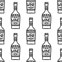 Fototapeta na wymiar Black ink bottles of wine isolated on white background. Monochrome seamless pattern. Outline sketch drawing. Vector flat graphic hand drawn illustration. Texture.