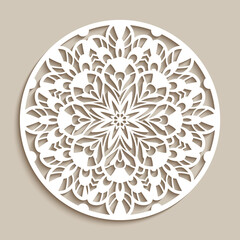 Round lace doily, cutout paper floral ornament, mandala pattern, vintage circle decoration on beige background, template for laser cutting