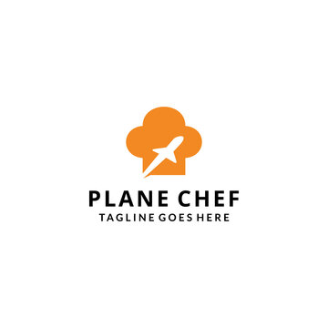 Illustration modern air plane transportation on chef hat restaurant sign logo design template Vector 