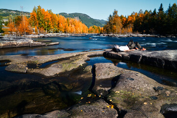 River wild. Hallingdalselva in autumn. Shot in at Gol, Hallingdal, Norway