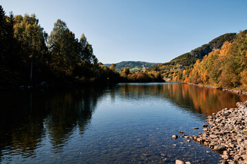 River wild. Hallingdalselva in autumn. Shot in at Gol, Hallingdal, Norway