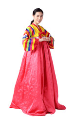 A beautiful Asian woman wearing hanbok is the national dress of Korea. White background. isolated. Clipping path
