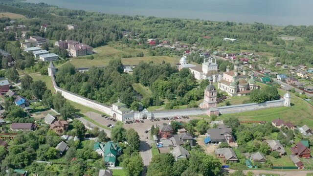 Scenic aerial cinematic video of Goritsky Monastery in ancient touristic town Pereslavl-Zalessky in Yaroslavl oblast in Russian Federation