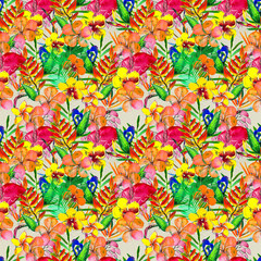 Fototapeta na wymiar Seamless pattern With Tropical Flowers. Watercolor Background
