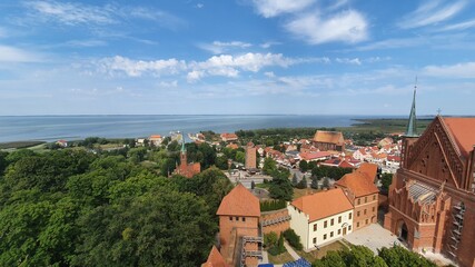 Frombork, Poland - August 17, 2020: Aerial view of Frombork, Poland. View from the lookout tower.