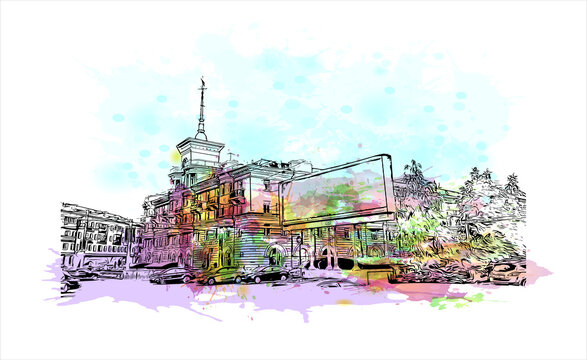 Building view with landmark of Barnaul is a city on the western banks of the Ob River in the Altai Krai region of Siberia. Watercolor splash with hand drawn sketch illustration in vector.