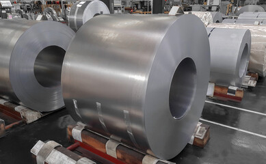 Cold Rolled steel coil straps with steel strapping in warehouse storage, Plate metal sheet industry