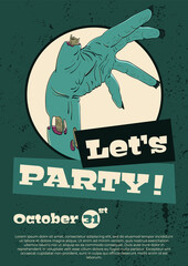 Vector illustration for Halloween. The concept of invitation, postcard, flyer for Halloween. Can be used for web, print. Illustration contains: a cool zombie hand inviting to a party, space for text.