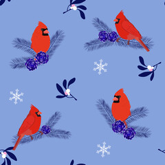 Seamless Christmas vector illustration with bird cardinal on spruce branch.