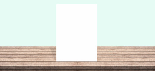 empty paper place on wood table with abstract pastel color background