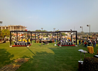 image of wedding stage getting ready before event in open party plot