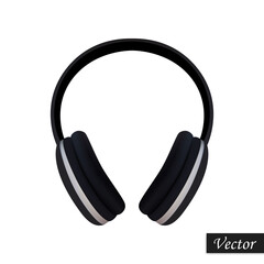 Black headphones isolated on a white background. Realistic icon wireless headphones 3D. A device for listening to music. Audio gadget. Vector illustration. Design element.