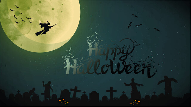 carte ou bandeau sur "happy halloween" en gris et noir sur un fond vert avec la lune, un cimetière, une sorcière, des chauves souris et des fantômes