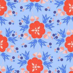 Fototapeta na wymiar Colorful vector flowers in a seamless pattern design, perfect to use on the web or in print