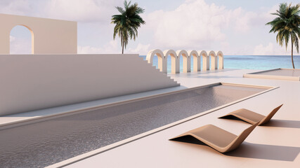 Building minimal design,Beige wall,In the middle there is a swimming pool,Beige beach seat,Beige wall,Beige floor,take view sea.-3D render