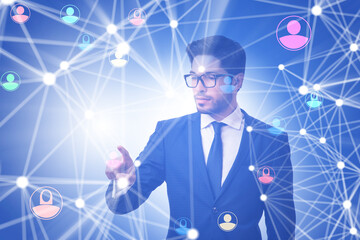 Man pressing virtual button on social network concept