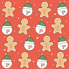 Cute christmas vector pattern background illustration with gingerbread, snowflakes and snowman