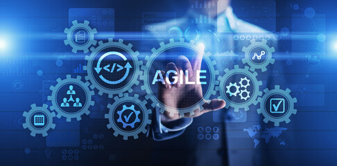 Agile development methodology concept on virtual screen. Technology concept.