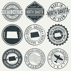 North Dakota Set of Stamps. Travel Stamp. Made In Product. Design Seals Old Style Insignia.