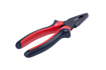 One new metal pliers with rubber handles black and red color isolated on white background. Top view. Repair or building concept