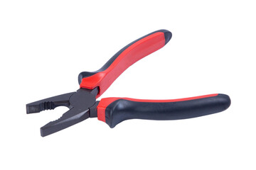 One new metal pliers with rubber handles black and red color isolated on white background. Top view. Repair or building concept