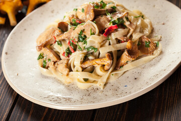 Tagliatelle pasta with chicken and chanterelles mushrooms © Sławomir Fajer
