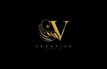 Initial V letter luxury beauty flourishes ornament golden monogram logo - obrazy, fototapety, plakaty