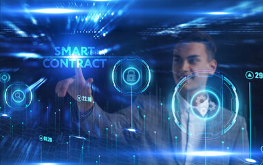 Fototapeta na wymiar Business, Technology, Internet and network concept. Young businessman working on a virtual screen of the future and sees the inscription: Smart contract