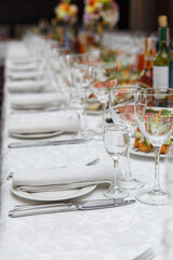 Table set for wedding or another catered event dinner.